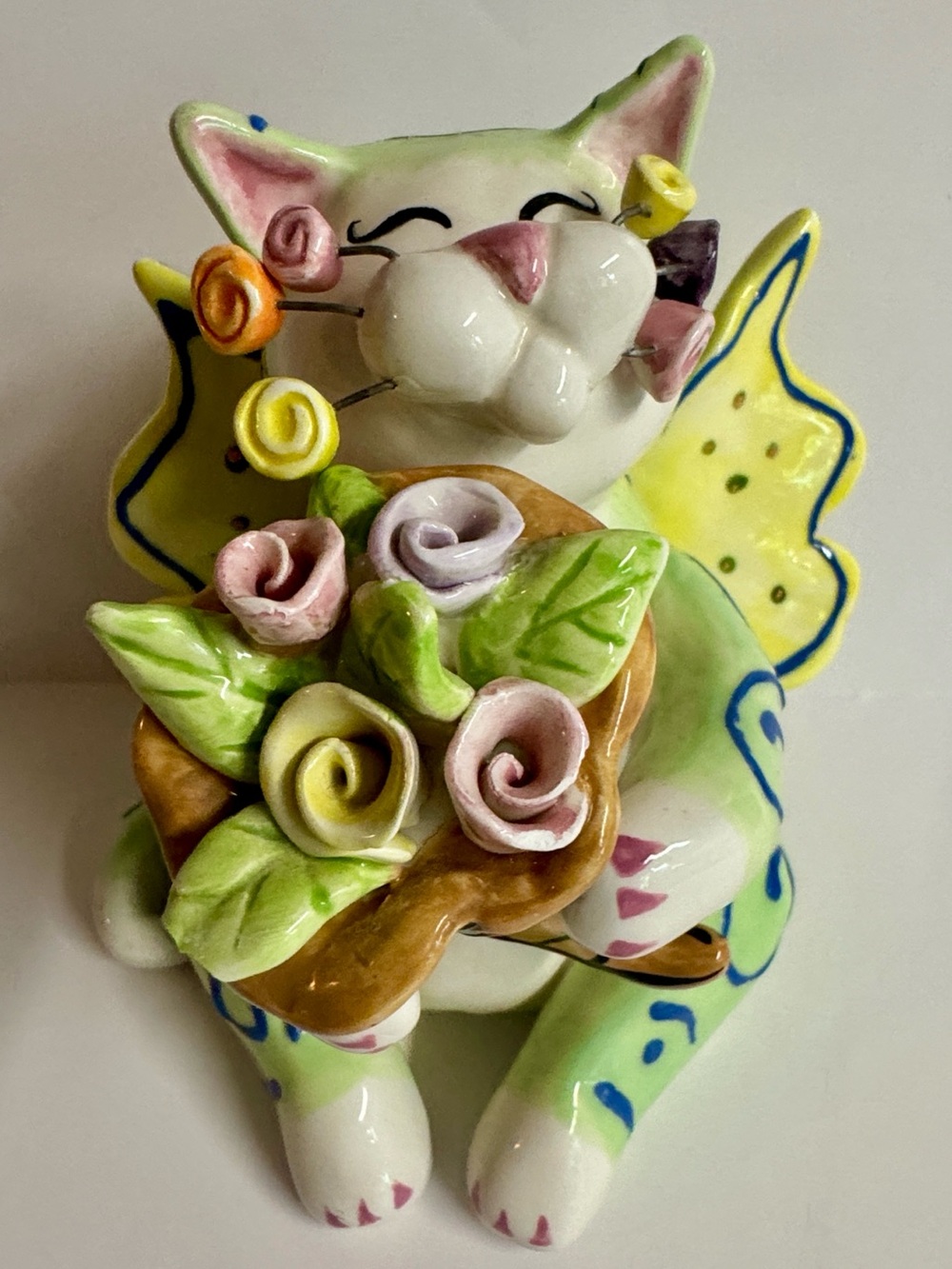 Vintage Lacombe Yellow + Green Whimsical Ceramic Cat Figurine with Pastel Flower